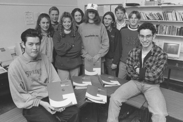In November, 1993, Scarborough Sixth Form College students launched their own printing company sponsored by the Evening News. Pictured, front left, is managing director Daniel Scotson and, front right, company secretary Allan Stewart with, back left to right, Rachel Holder, Sue Weatherill, Ella Stringfellow, Kelly Buncher, James Hocknall, Darren Hastie, Scott Henderson and Martin Willshire. 