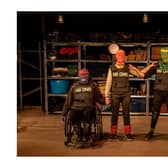 Jess (left), 'Chopin' (centre) and Charmaine (right), in their knitted masks and bullet proof vests. Credit: Ro Murphy