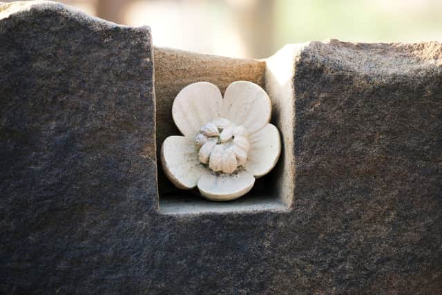 Detail on a memorial to botanist Nan Sykes on behalf of The Carstairs Countryside Trust at Silpho near Scarborough. ©Tony Bartholomew