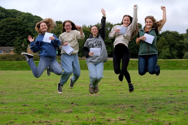 Flora McEwan Benatar, Sophie Kirkman, Isobel Charlton, Nicole Visker and Sophie Morrison celebrate exam success