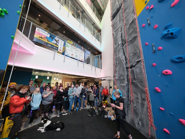 A speech is made by new climbing wall at The Street. picture: Richard Ponter