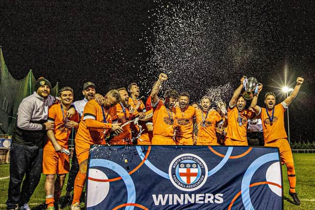 Edgehill, pictured celebrating their NRCFA Cup final win, claimed a 5-3 home win against Seamer Sports. Photo by Karen Harland Photography