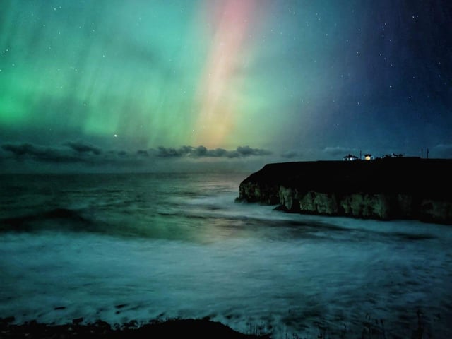 The North Sea illuminated by the Northern Lights, captured near Bridlington.