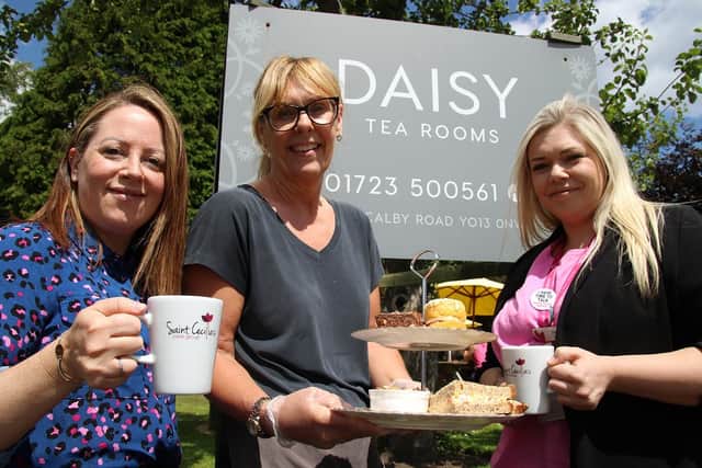 Picture shows, from left to right: Saint Cecilia’s Group Support Manager, Anne Brand with Trish Davis, owner of Daisy Tea Rooms in Scalby and Steph Harbron, Registered Manager at Saint Cecilia’s Care Home in Scarborough.