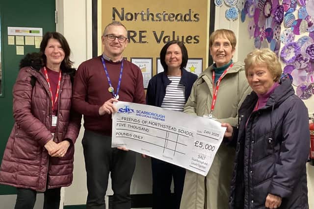 SALT presenting their £5,000 donation to Northstead School.  L-R Sara Pickering, Shaun Hopper (Headteacher), Tracy Squire, and Representatives of SALT.