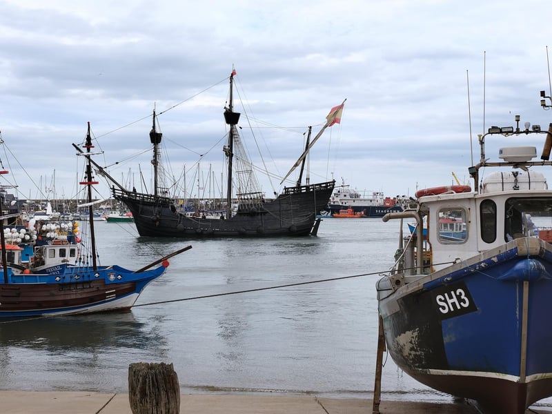 The stunning ship framed by Scarborough's harbour.
