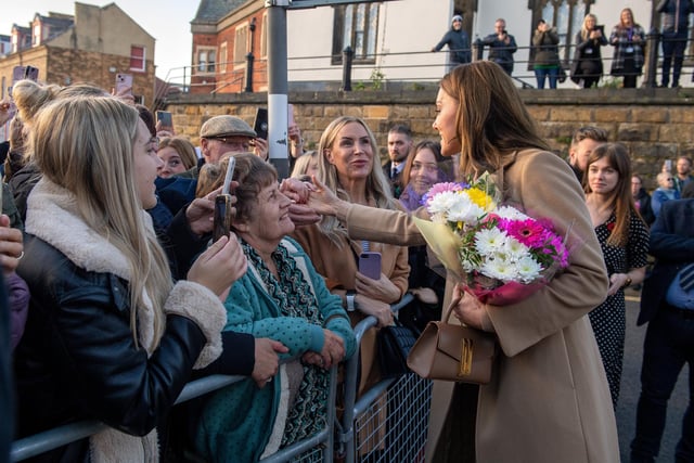 The Princess of Wales greets the crowds outside the Rainbow Centre in Scarborough.