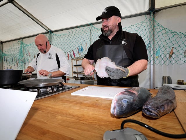 Paul Gildroy and Andrew Barker during the cooking demo. photo: Richard Ponter