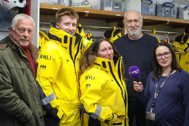 Barry Brown, Whitby RNLI Operations Manager, crew members Andy Brighton and Ally Brisby, Dogwood’s Antony Bellekom and BBC Radio Tees’ Rachel Teate.
picture: Ceri Oakes