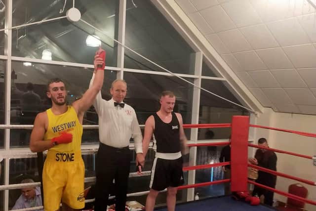 Cameron Stone is declared the winner of his fight at Brighouse.
