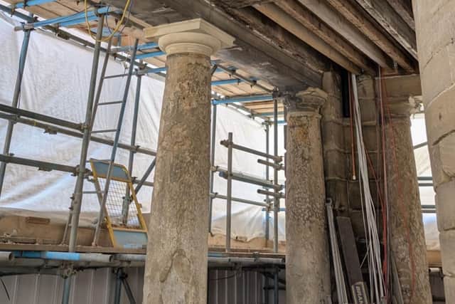 Repairs to the Old Town Hall’s iconic clock tower and roof have been completed, while the remaining stone and mortar work on the building’s façade and columns are progressing well.