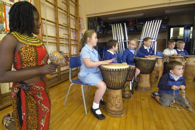 Children from Sleights School playing the African drums for Zimbabwean day.
w092507b