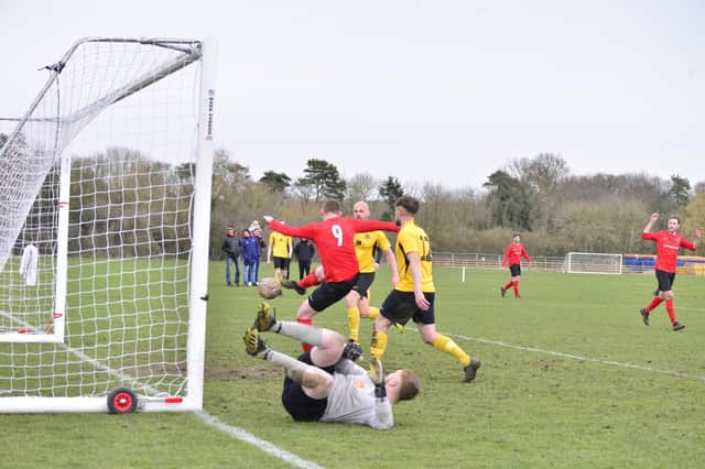 Tom Scrowston nets Pocklington Town's goal in the 1-1 home draw against Hedon Rangers at The Balk last weekend. PHOTO BY ANDY NELSON PHOTOGRAPHY