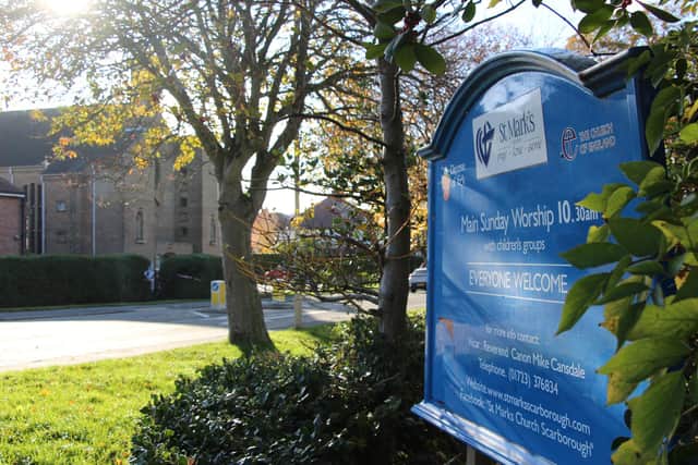 St, Mark's C of E Church notice board with St. Joseph's Catholic Church across the road. Photo by Mike Tyas