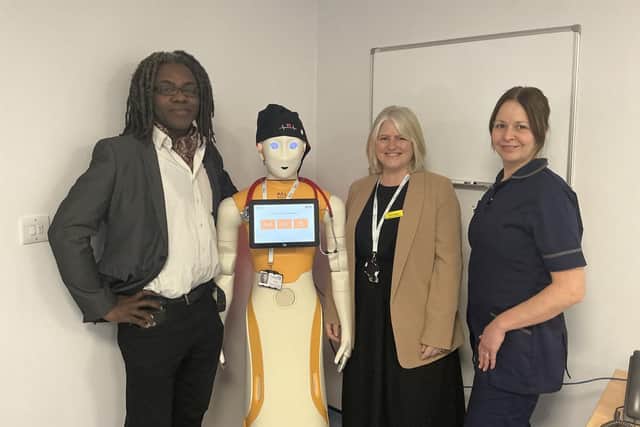 (Left to right) Consultant Dr Ol'Tunde Ashaolu, DAISY, Research Practitioner Anna Waine, and Research Nurse Laura Barman. Photo: York and Scarborough Teaching Hospitals NHS Foundation Trust