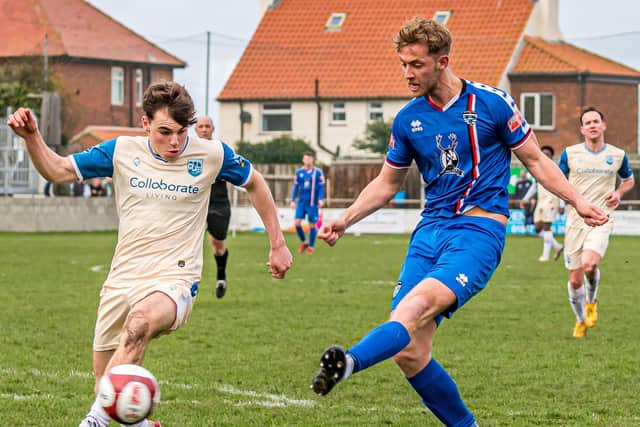 Blues ace Connor Simpson in action against Radcliffe in the 0-0 draw on Saturday. PHOTOS BY BRIAN MURFIELD