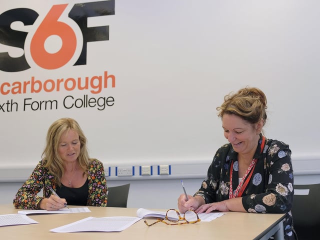 Scarborough 6th Form College Staff Julie Walkington and Catherine Monkman work in the hub ready for students in 2020.