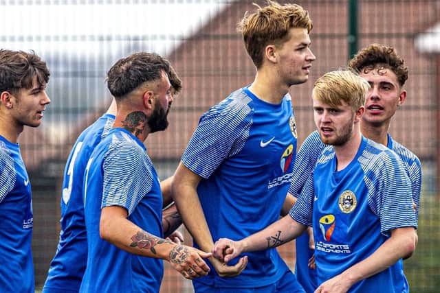 Goalscorer Jack Cairns (centre) celebrating the opening goal with Josh Linsley, Owen Magor, Sam Bailey and Cohen Rodgers. Photo by Brian Murfield