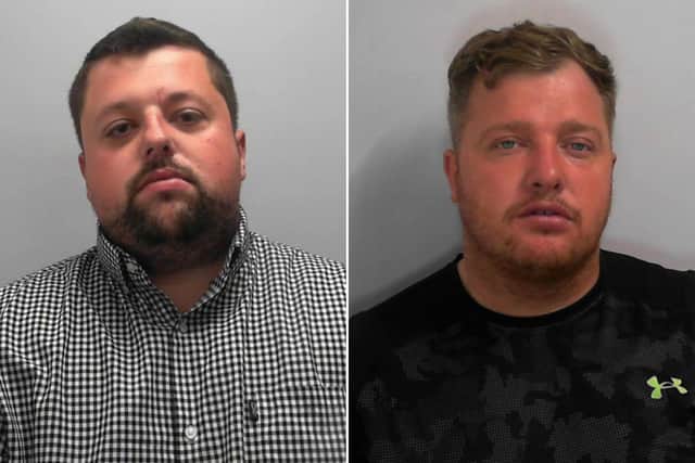 Maximillian Barnes, 30, of Malton (L) and Wayne Lee, 40, of Bradford (R) have been sentenced for blackmailing a woman over a three-week period.