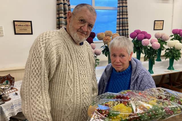 Dougie and Ann Stevenson with been with Whitby Chrysanthemum Society for 40 years.