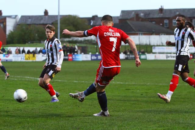 Michael Coulson fires at goal during his 250th Boro appearance.
