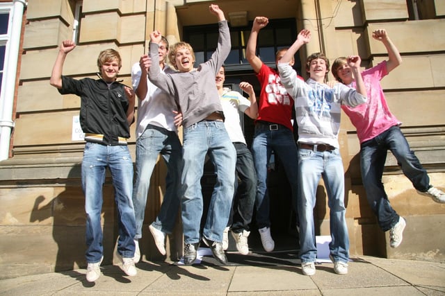 Students from Whitby Community College jump for joy as they receive their GCSE results.