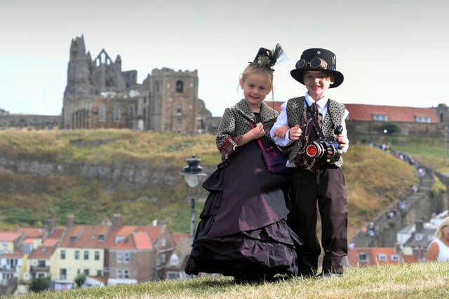 Whitby Steampunk Weekend ... Isabella Hayton with her brother Matthew, 5,  pictured with Whitby Abbey in the background.
picture: Simon Hulme.