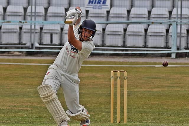 Danny O'Connor hits a superb drive in his 88 as Scarborough lost by three wickets at home to leaders Driffield Town 2nds. Photo by Simon Dobson