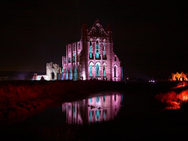 The abbey illuminated against the night sky