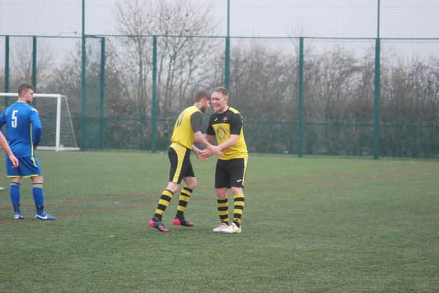 Union Rovers celebrate one of their five goals in the win at home to Filey Town Reserves.