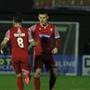 Ryan Watson celebrates his goal for Boro against Chester with teammate Bailey Gooda