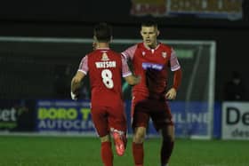 Ryan Watson celebrates his goal for Boro against Chester with teammate Bailey Gooda