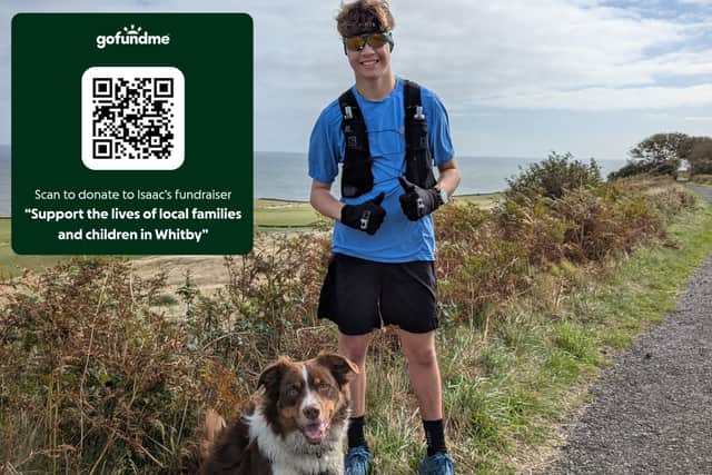 Isaac Harrison on a training run with family dog Ned and, inset, a picture of his QR code for his Gofund me page.