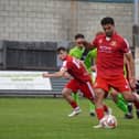Ahmed Salam scores from the spot during the FA Trophy win against Congleton.   Photo by Lucy Sharp