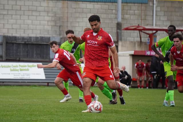 Ahmed Salam scores from the spot during the FA Trophy win against Congleton. Photo by Lucy Sharp