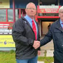 Jon Tindall, left, the new Bridlington Town FC vice-chairman, is welcomed by Seasiders chairman Pete Smurthwaite. PHOTO BY DOM TAYLOR