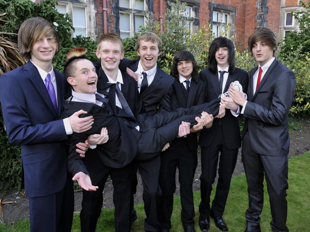 Lewis Murgatroyd gets a lift from mates James Large (left), Ben Sharp, Harry collins, Cameron Pearce, Michael Stockdale and Alex Tough, all Scalby School students.
