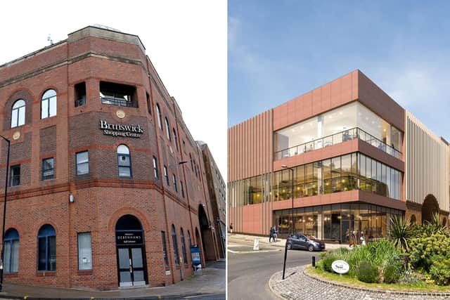 The Brunswick's current exterior, left, and what it could look like after development.