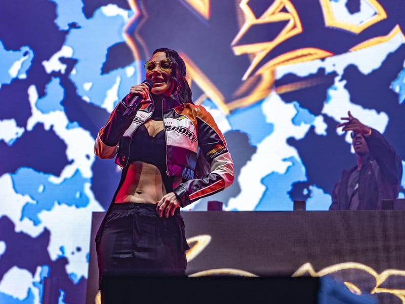 Tulisa sings at the N-Dubz concert.