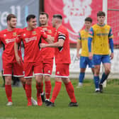 Jack Walters celebrates his goal for Bridlington Town in the 4-0 home win against Stocksbridge PS. PHOTOS BY DOM TAYLOR