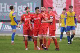 Jack Walters celebrates his goal for Bridlington Town in the 4-0 home win against Stocksbridge PS. PHOTOS BY DOM TAYLOR