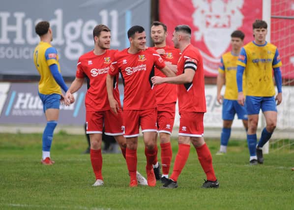 Jack Walters celebrates his goal for Bridlington Town in the 4-0 home win against Stocksbridge PS. PHOTOS BY DOM TAYLOR
