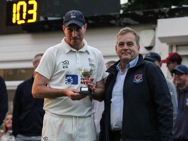 Sherburn skipper Chris Crawford collects the SBL Division One Cayley Cup.