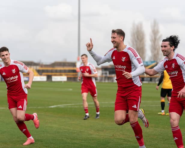 Goalscorer Richie Bennett celebrates scoring the winner as Scarborough Athletic earned a 1-0 victory at Southport. Photo by Wandering Photography