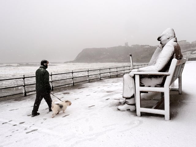 The Statue of Freddie is snow covered as a walker and dog pass by