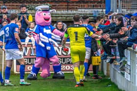 Whitby Town's post match celebrations with Scampi Skipper the mascot. Pic: Brian Murfield