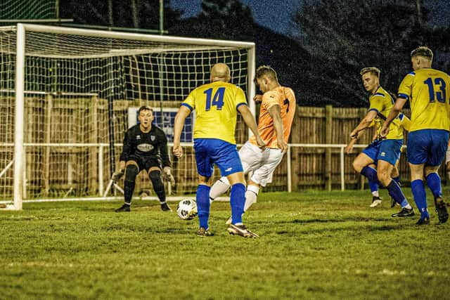 Edgehill man of the match Tommy Wilson scores the second goal for the winners. Photo by http://www.teessidesports.co.uk