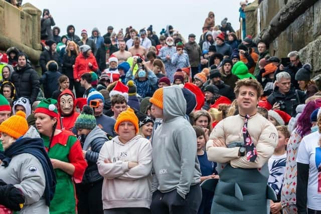 Whitby Boxing Day dippers on the slipway ready to go!