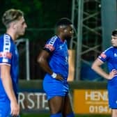 Whitby Town players look dejected as one of the goals go in during their 6-0 defeat at home to Gainsborough Trinity PHOTO BY BRIAN MURFIELD