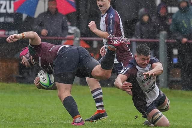 Ted Barker tackling for Scarborough RUFC as they won at Moortown to carry on their 100% start to the season. Photo by Charlie Hopper